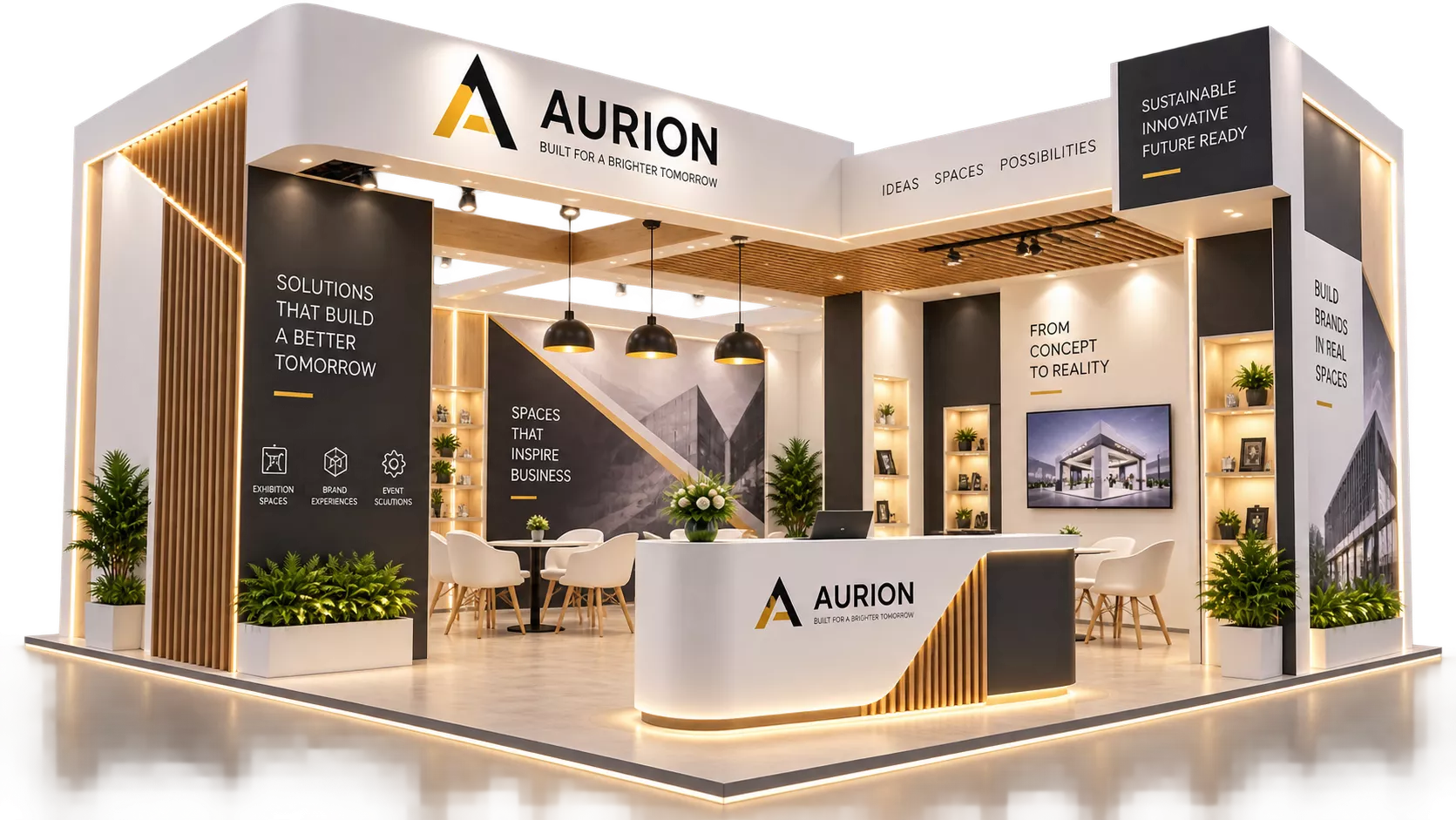 3D visualisation of a custom exhibition stall by ADMUG Studio, approved before fabrication