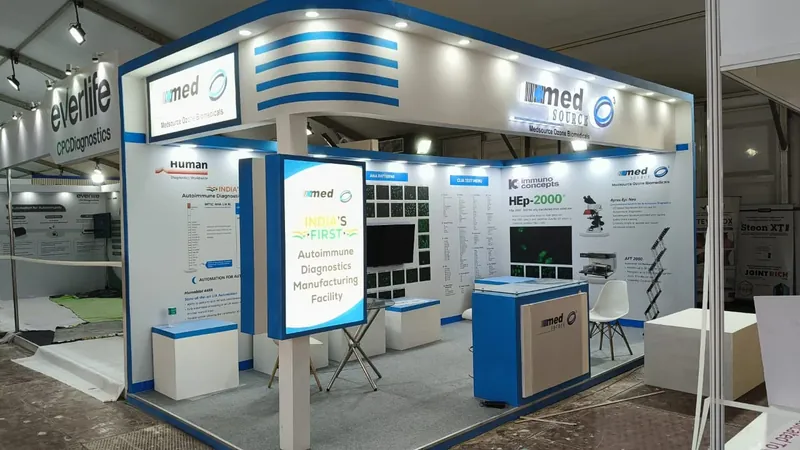 Corner exhibition stall designed and fabricated by ADMUG Studio for Medsource Ozone Biomedicals