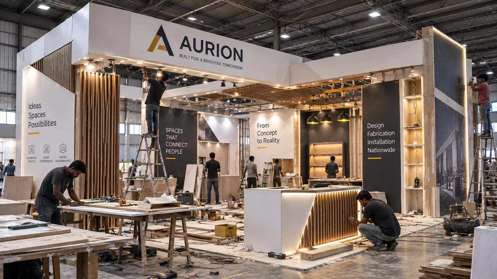 ADMUG Studio crew building an exhibition stall during venue build-up