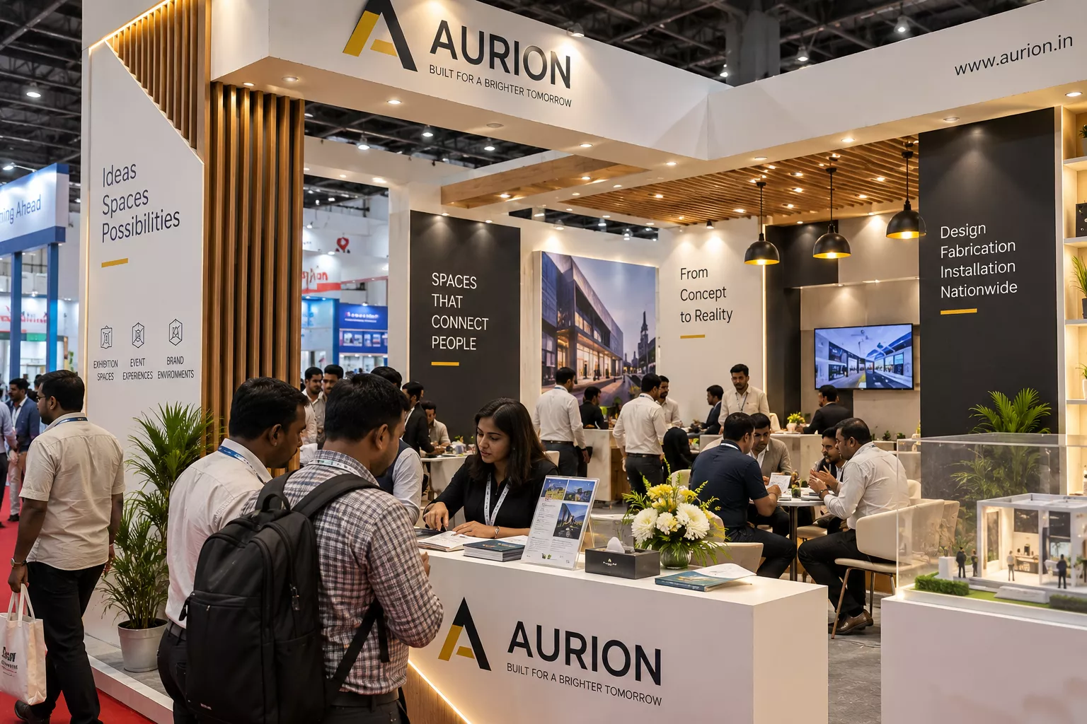 Visitors at an exhibition stall built by ADMUG Studio during show hours