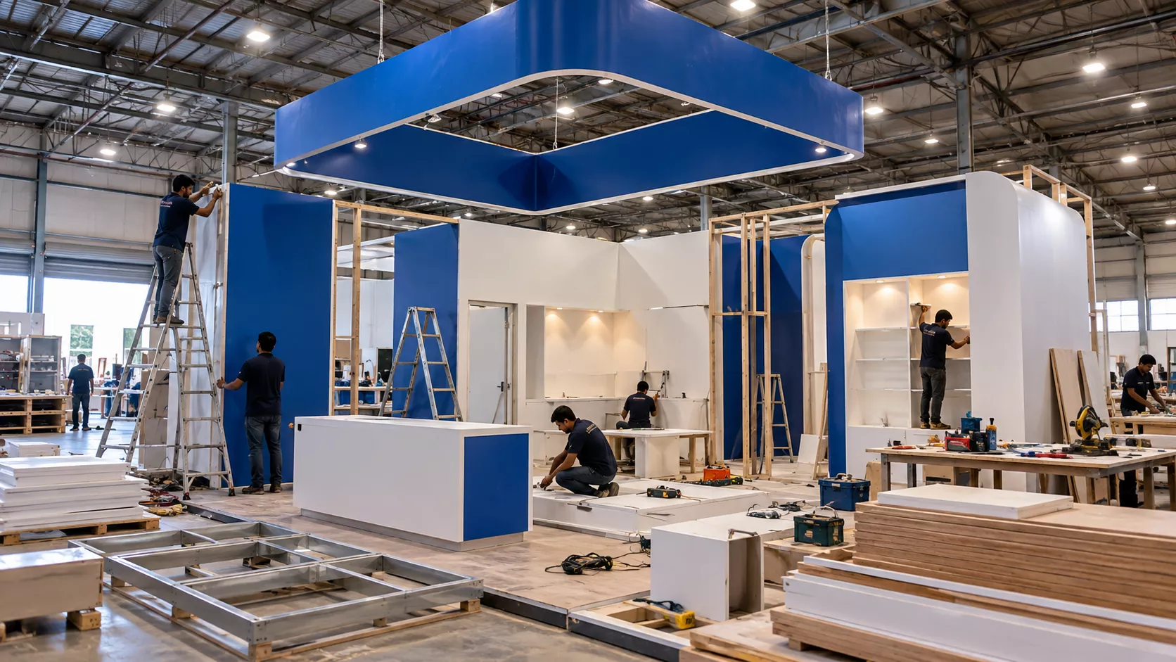 ADMUG Studio team building an exhibition stall in our own workshop