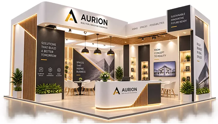 3D visualisation of an exhibition stall by ADMUG Studio before fabrication