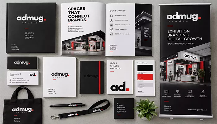 ADMUG Studio brand identity collateral: brochures, stationery and a standee